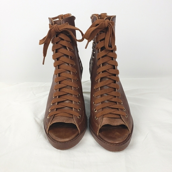 BCBGeneration Toffee Malbon Peep-toe Lace Up Wedge Boots/Booties Size 8.5 - Picture 4 of 11